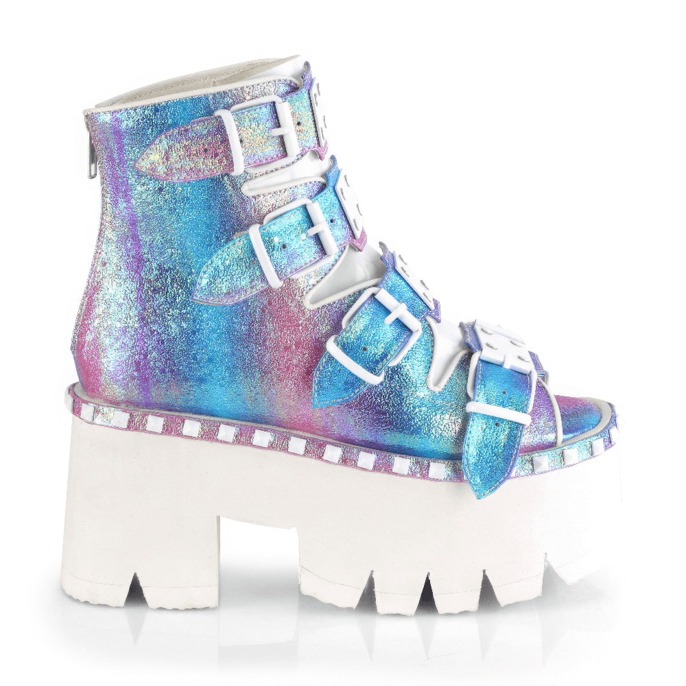 Demonia purple chunky heel bootie sandals with buckle straps and iridescent finish, featuring a bold platform design.