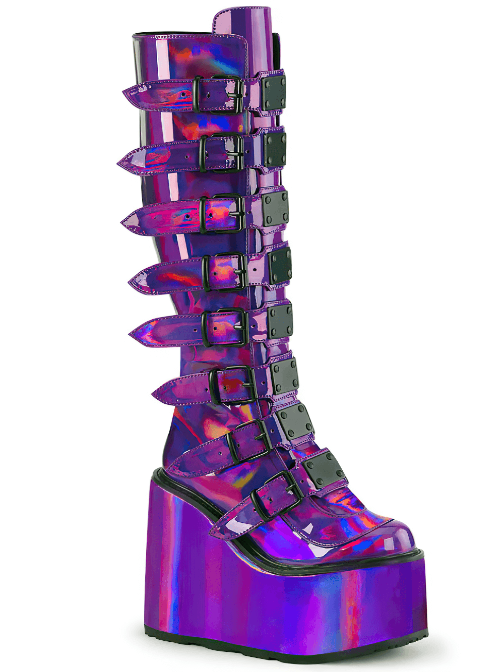 Demonia purple holographic platform knee-high boots with metal buckles, vibrant and edgy style, 5.5-inch platform