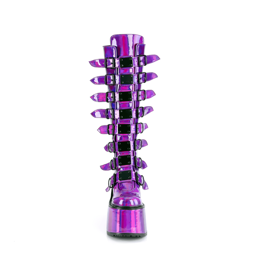 Demonia purple holographic platform knee-high boots with metal buckles, showcasing a striking and edgy style.