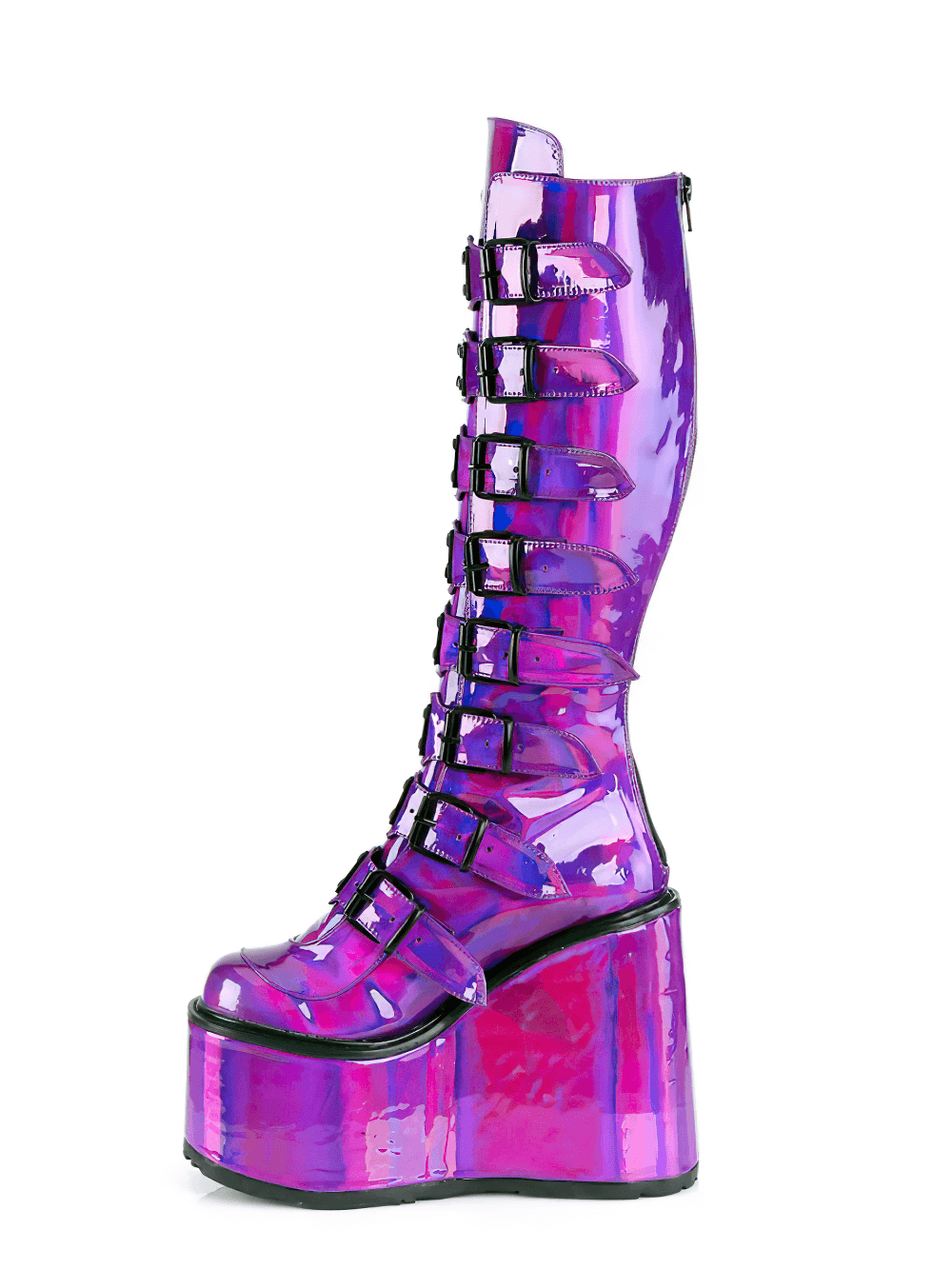 Demonia purple holographic platform knee-high boots with metal buckles, shining brightly on a 5.5-inch heel.