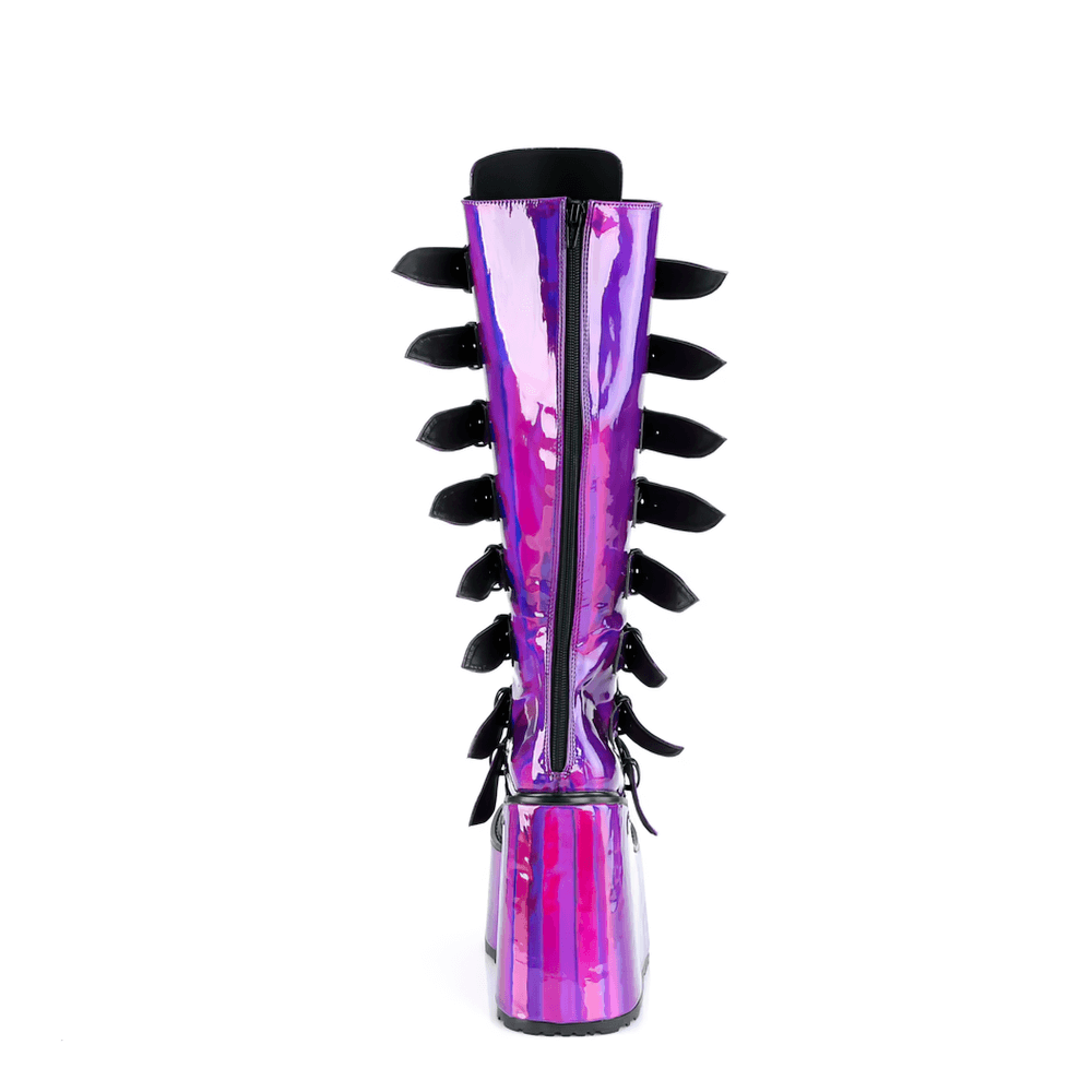 Rear view of DEMONIA purple holographic platform knee-high boots with metal buckles and striking design.