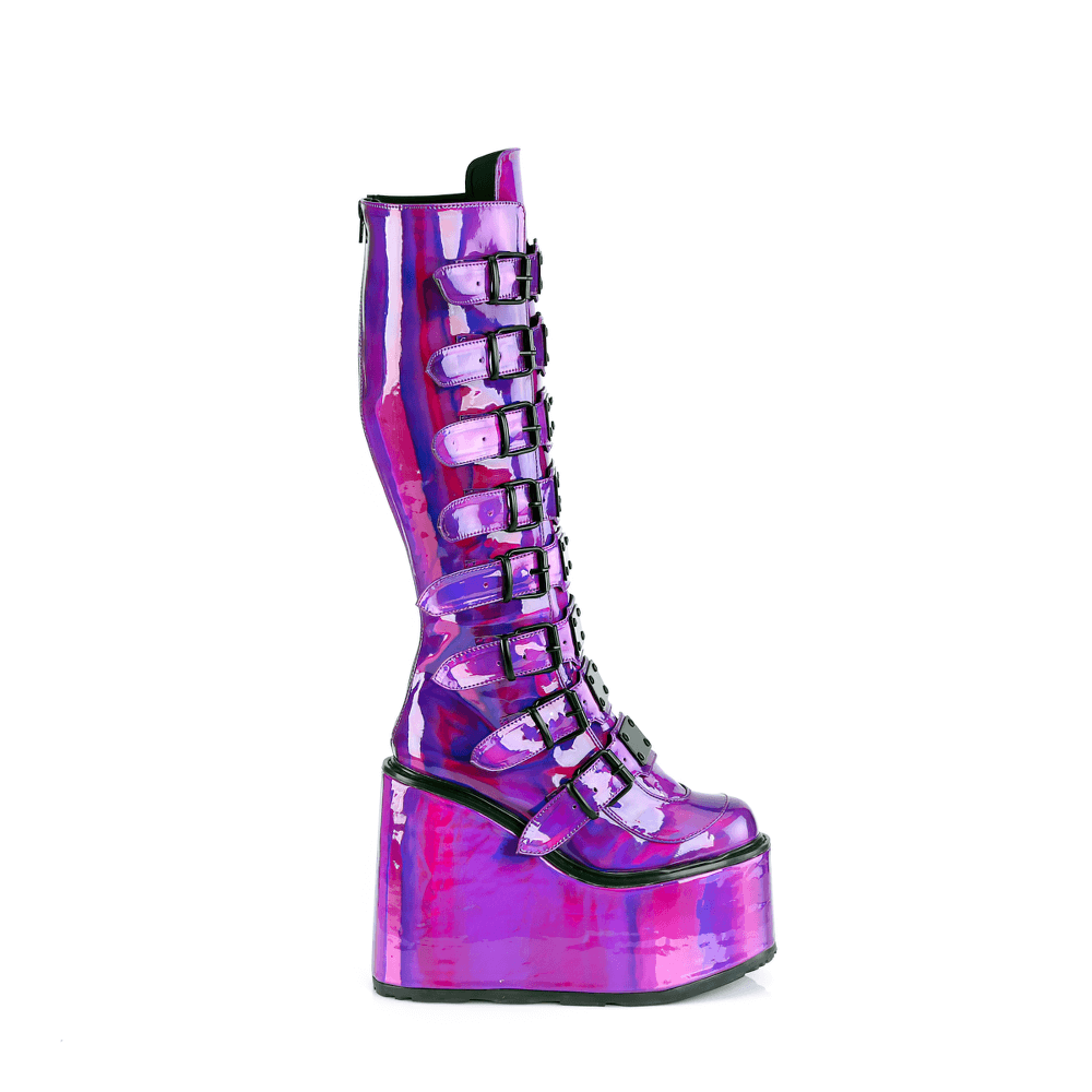Demonia purple holographic knee-high platform boots with metal buckles, 5.5-inch tall, edgy and stylish.