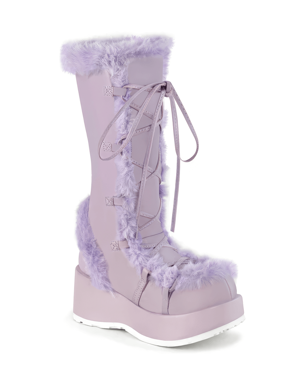 Demonia purple mid-calf platform boot with faux fur trim, featuring lace-up design and striking platform heel.