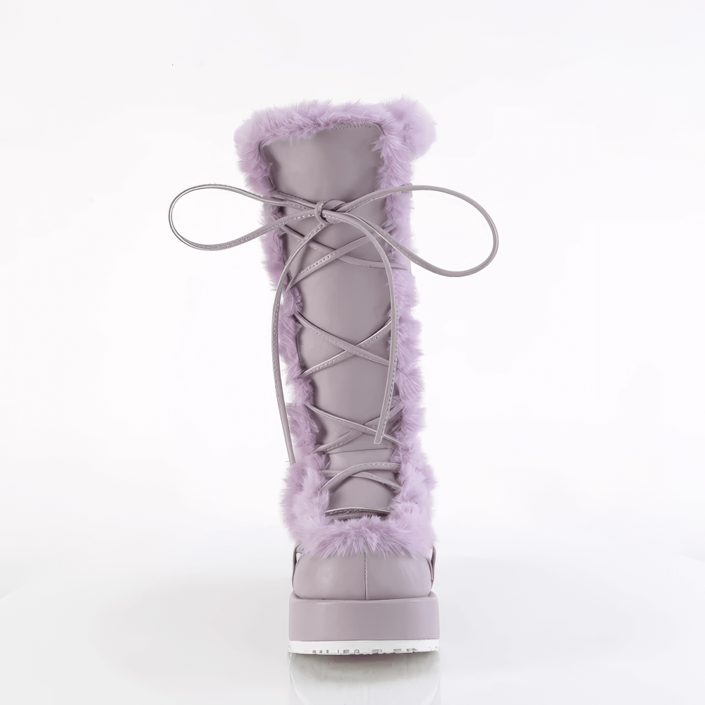 Demonia purple mid-calf platform boot with faux fur trim and lace-up detail, perfect for a fairy-tale look.