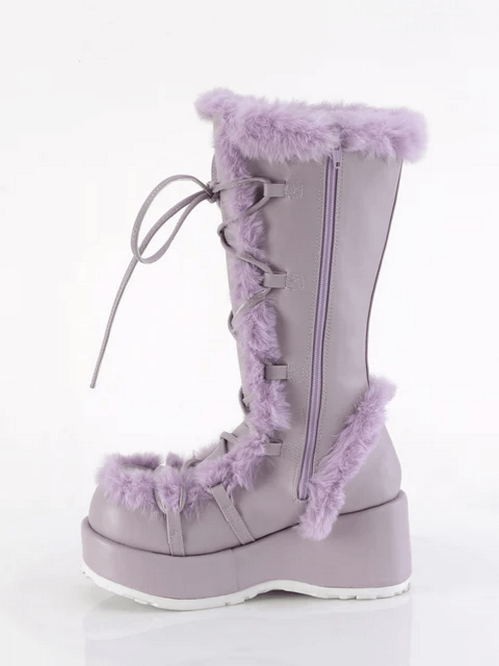 Demonia purple mid-calf platform boot with faux fur trim and side zipper for whimsical style and comfort.