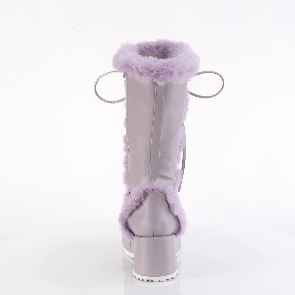 Back view of DEMONIA purple mid-calf platform boot with faux fur trim, showcasing whimsical fairy-tale design.