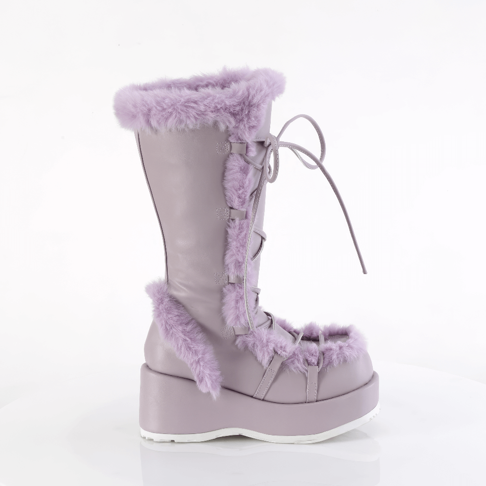 Demonia purple mid-calf platform boot with faux fur trim, featuring a whimsical design and full inner zip.