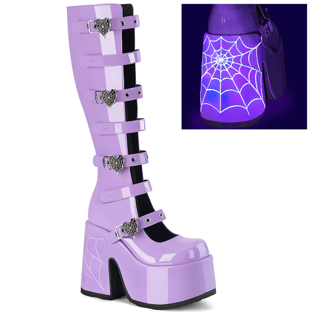 Gothic purple knee-high platform boots with spider web design and heart buckles for a bold look.