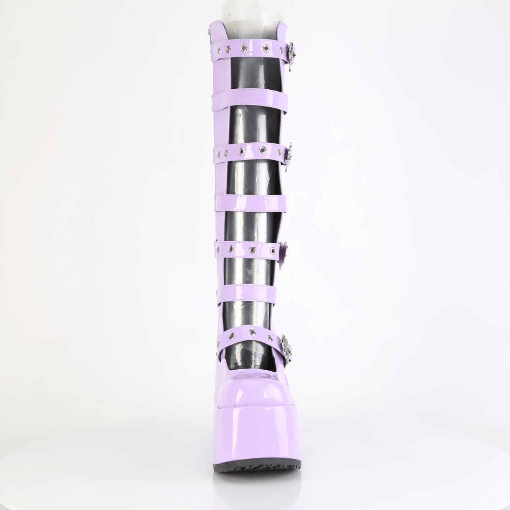 Demonia purple knee-high boots with spider web design and studded heart buckles, showcasing a bold platform heel.