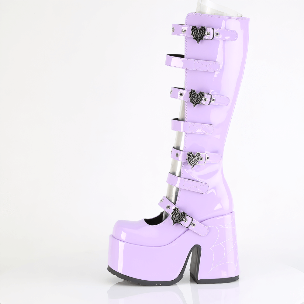 DEMONIA Purple Spider Web Buckles Knee-High Boots