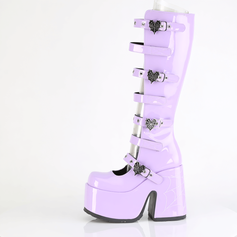 Demonia purple spider web knee-high platform boots with heart buckles and bold block heels.
