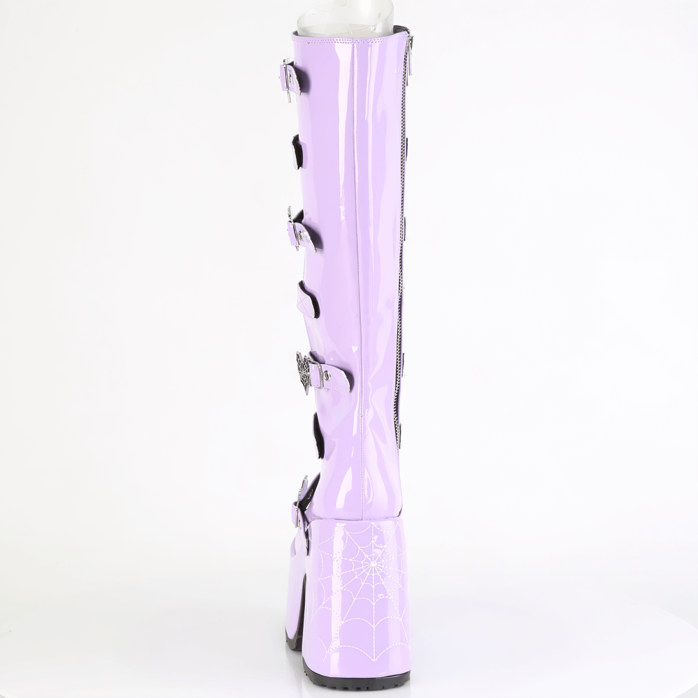 Back view of Demonia purple knee-high boots with spider web design and eyeleted heart buckles.