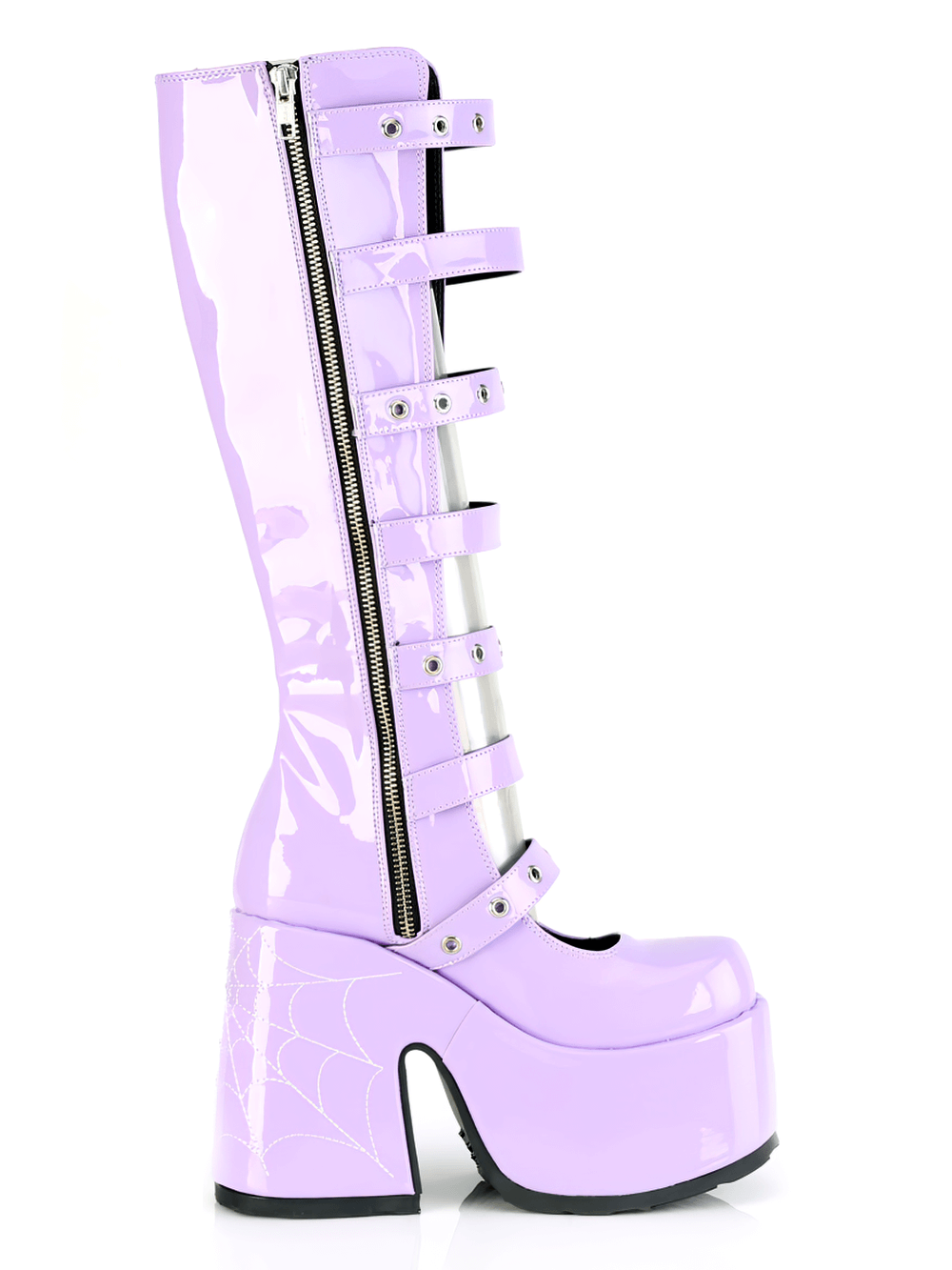 Gothic purple knee-high platform boots with spider web design and eyeleted heart buckles.