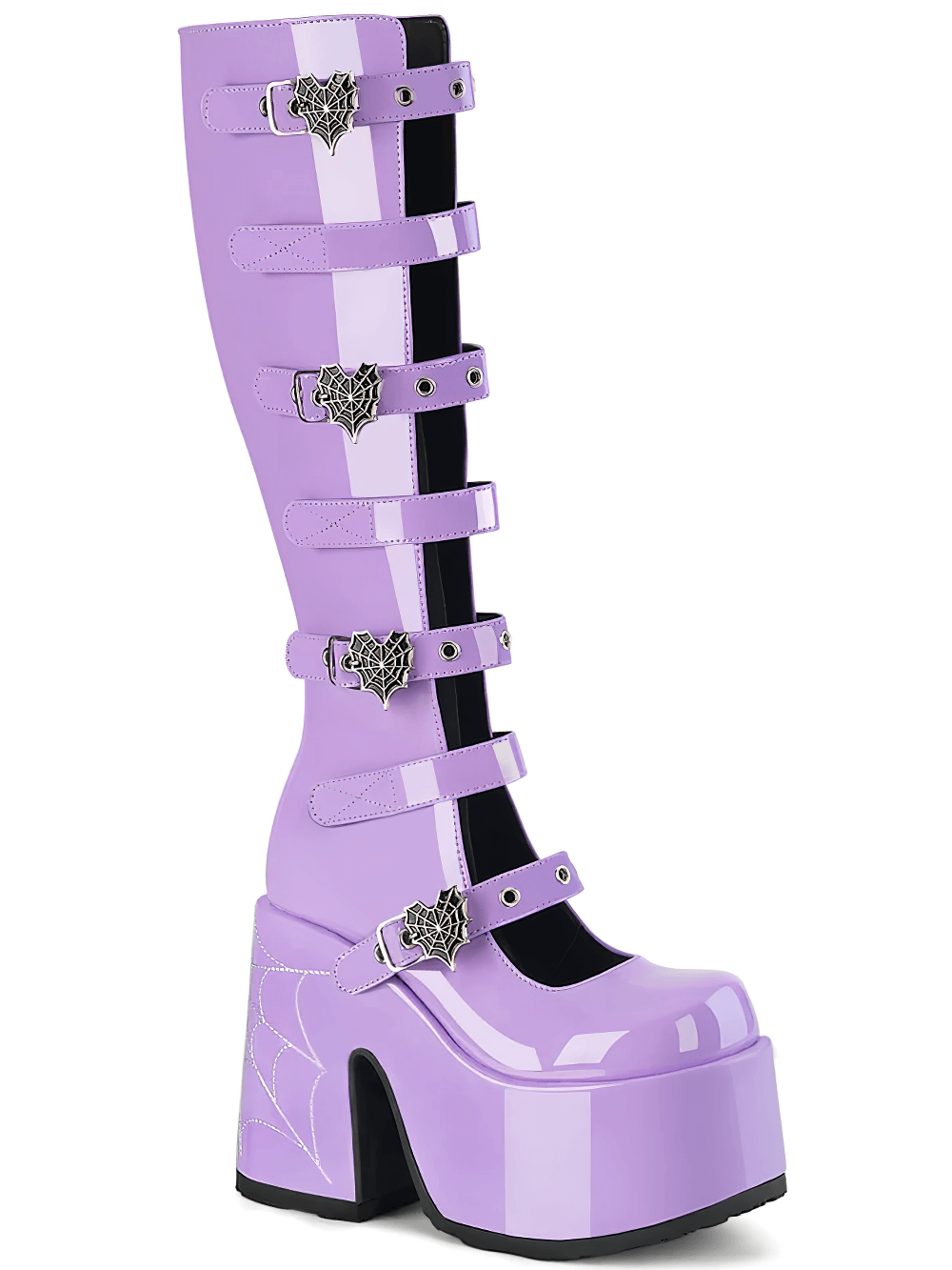 Gothic purple knee-high platform boots with spider web detail and eyeleted heart buckles.