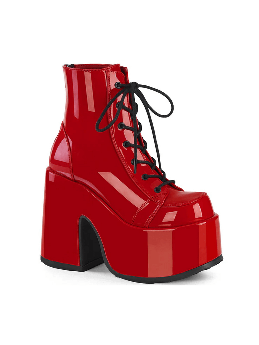 Daring Demonia red ankle platform boots with chunky heel and lace-up detail for bold fashion statements.