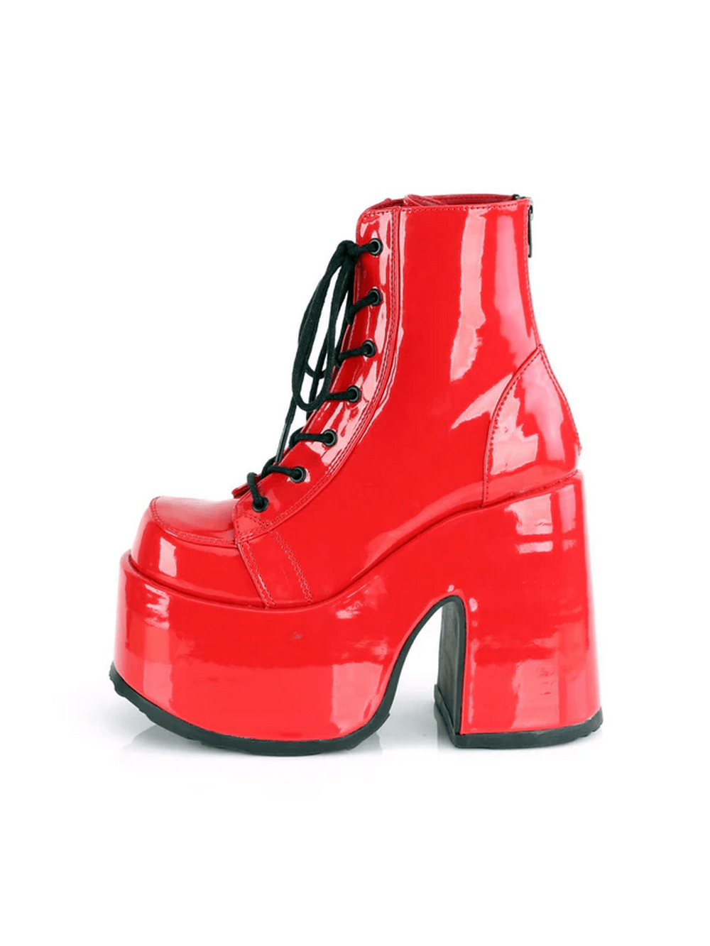Bold red patent ankle platform boots with chunky heel and lace-up detail.