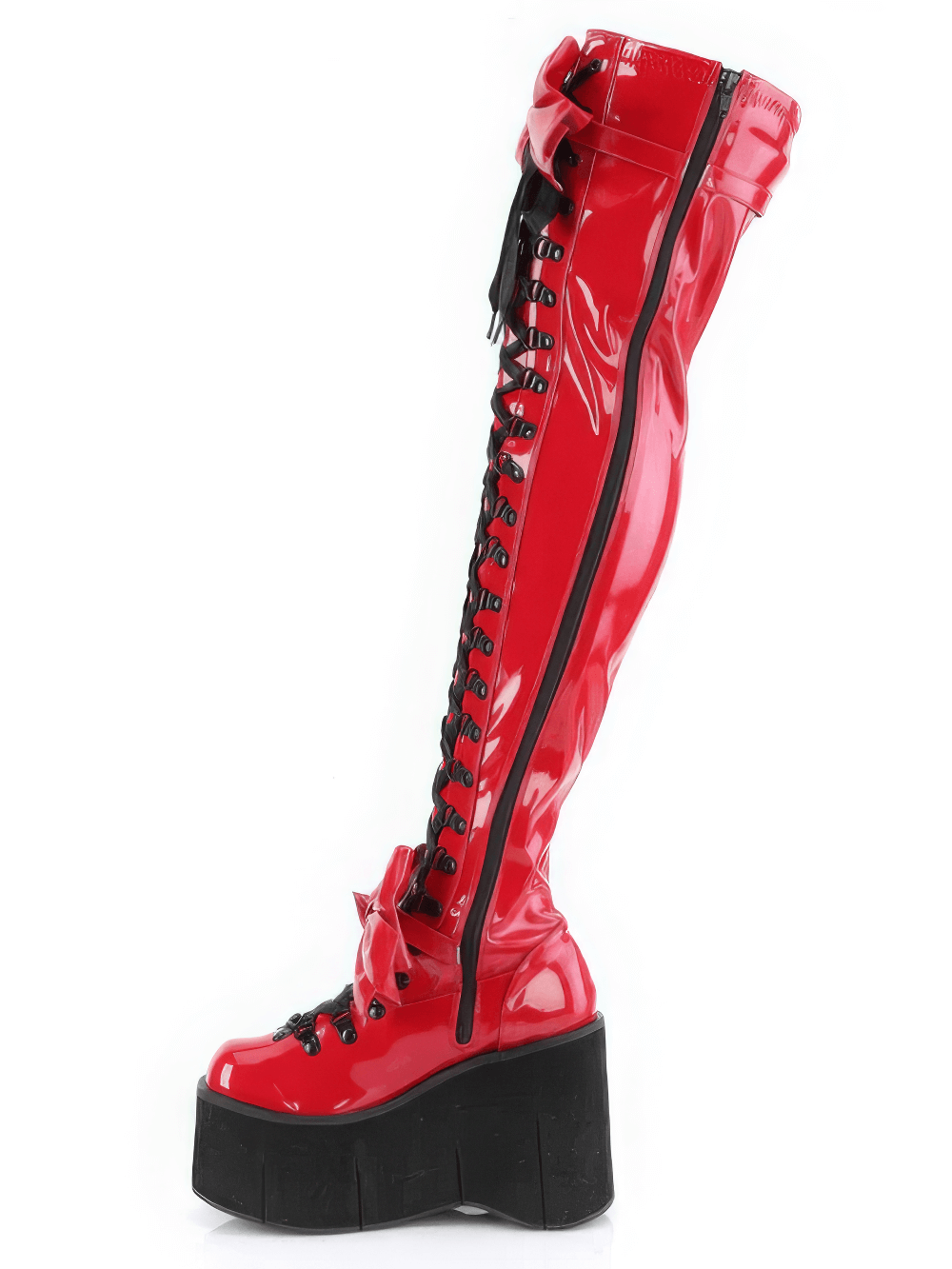 DEMONIA Red Patent Thigh-High Boots with Bows