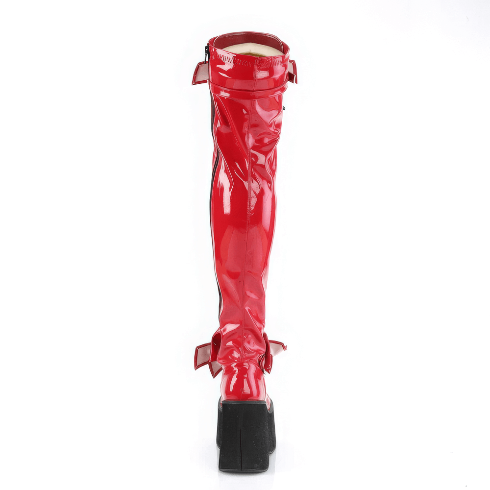 DEMONIA Red Patent Thigh-High Boots with Bows