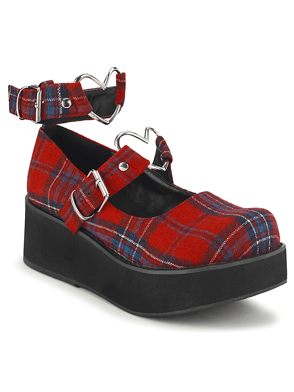 Demonia red plaid platform shoes with heart buckles, featuring edgy tartan design and stylish chunky heels.
