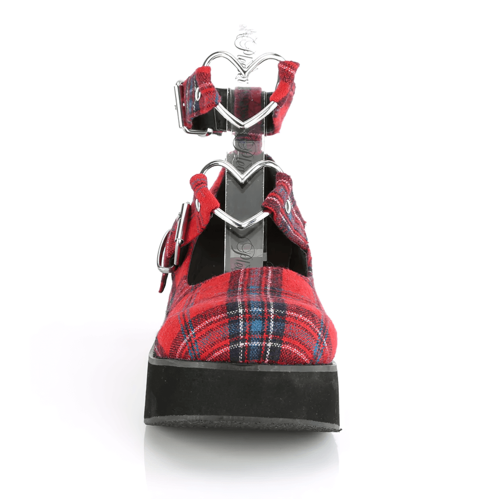 Front view of DEMONIA red plaid platform Mary Jane shoes with heart buckles and stud accents.