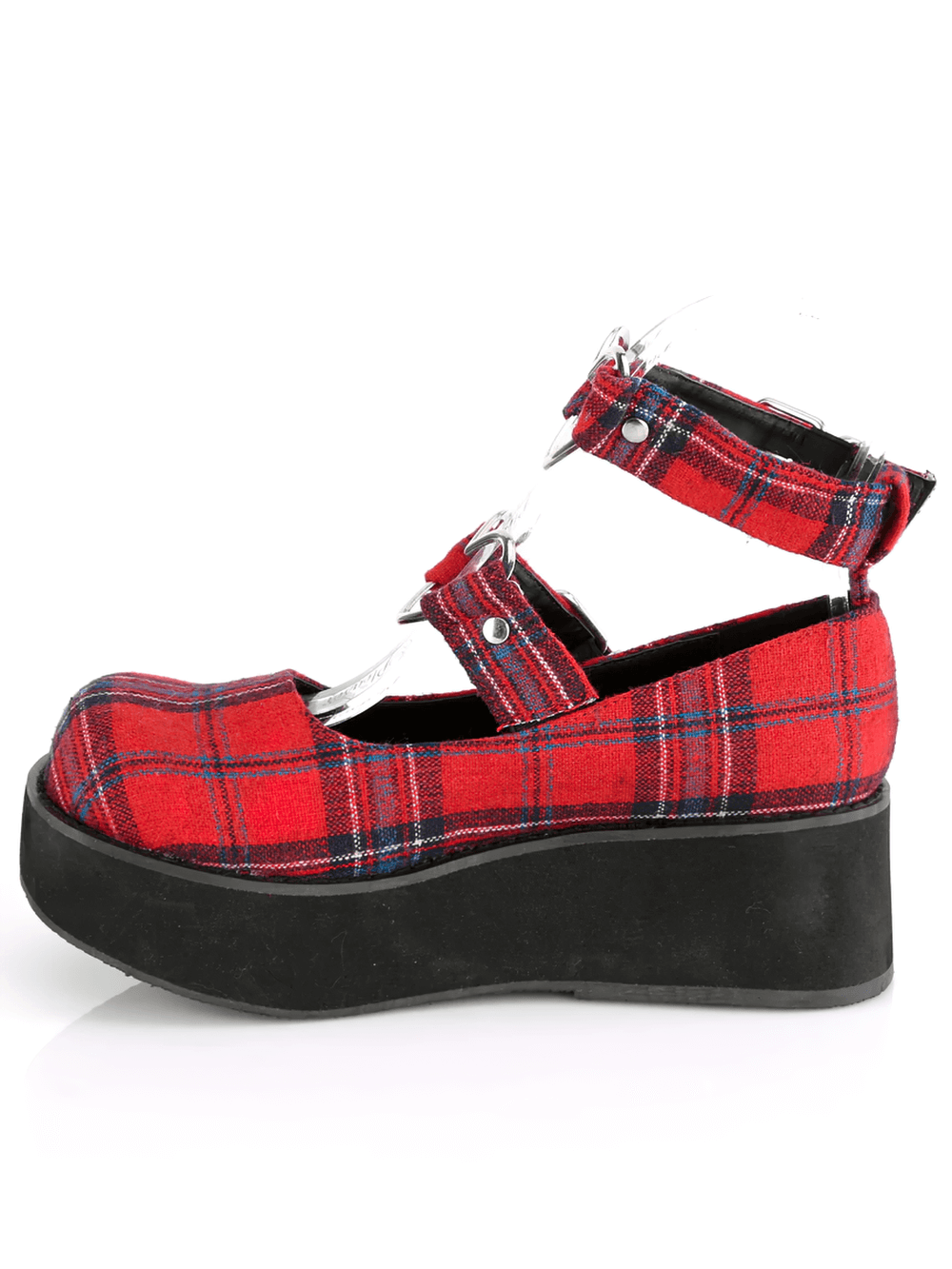 Demonia red plaid platform Mary Jane shoes with heart buckles and O-rings, perfect for a trendy look.