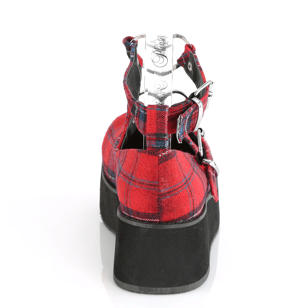 Back view of DEMONIA red plaid platform Mary Jane shoes with heart buckles, showcasing edgy style and height.
