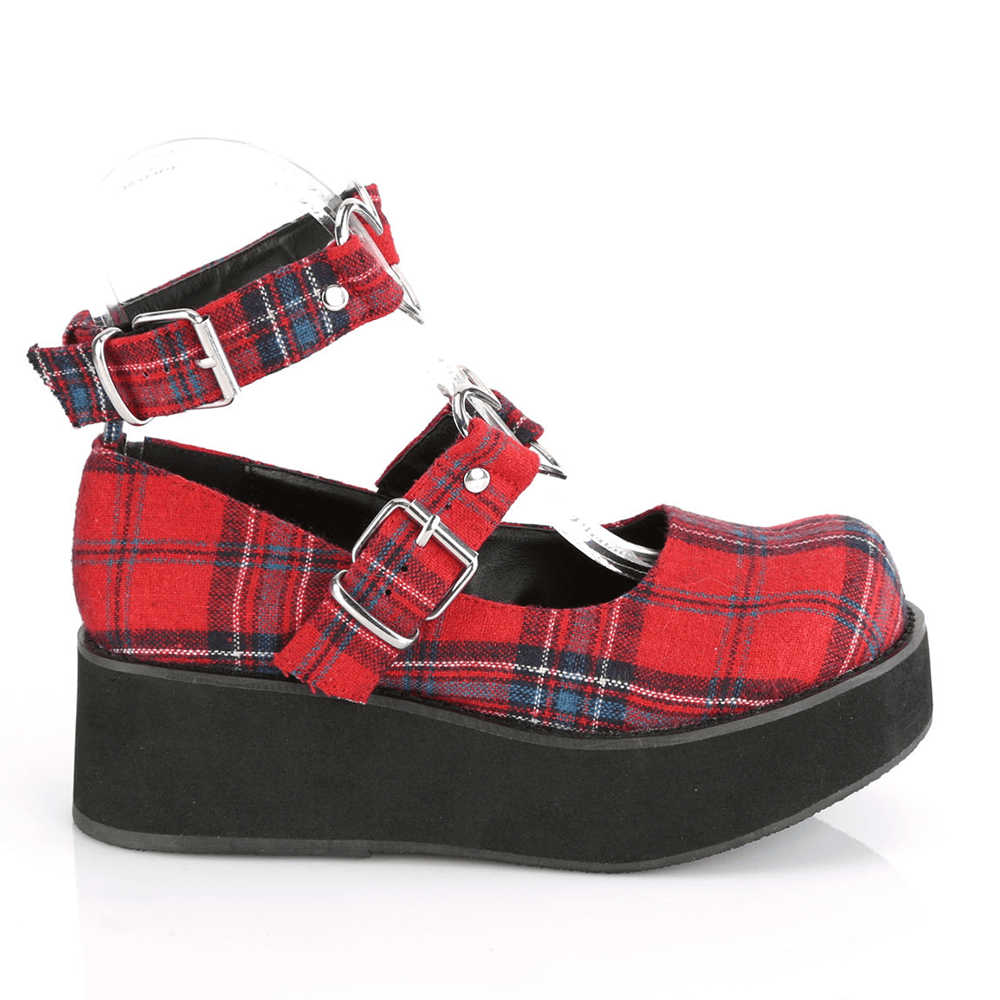 Demonia red plaid platform Mary Jane shoes with heart buckles and studded accents, perfect for a stylish pop of color.