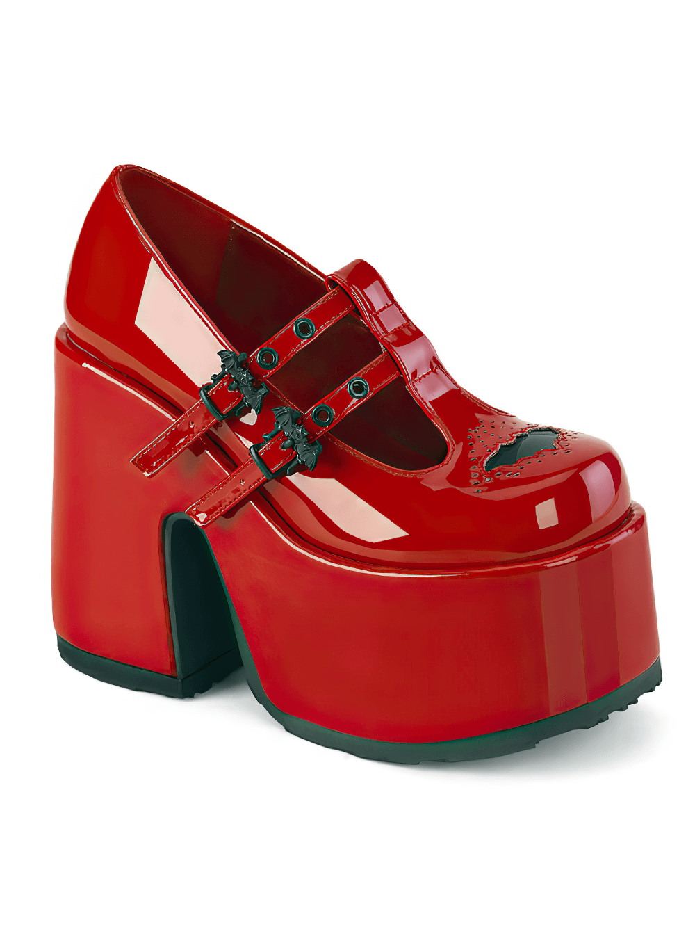 Demonia red platform Maryjane shoes with bat buckles and chunky heel, perfect for a bold gothic style.