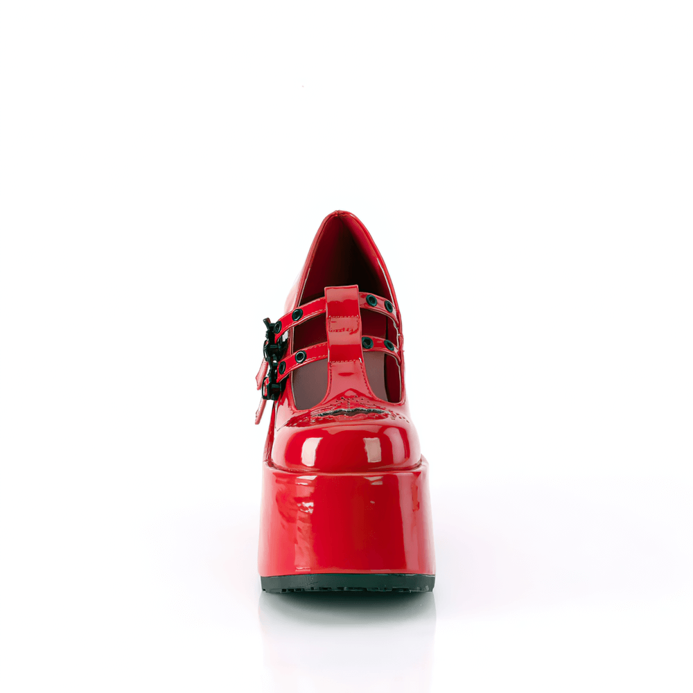 Demonia red platform Maryjane shoes with double T-straps and bat buckles, showcasing a gothic style and bold height.