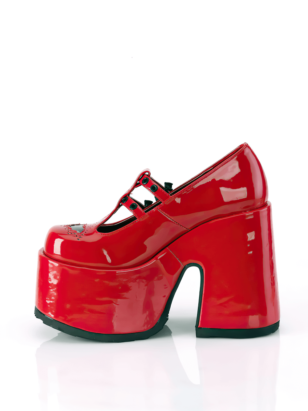 Demonia red platform Maryjane shoes with bat buckles, featuring a chunky heel and unique gothic design.