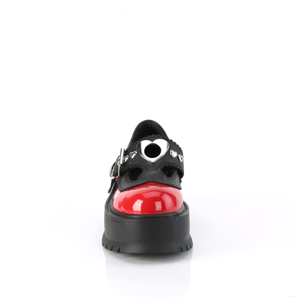 DEMONIA Red Studded Mary Jane Shoes with Heart Detail