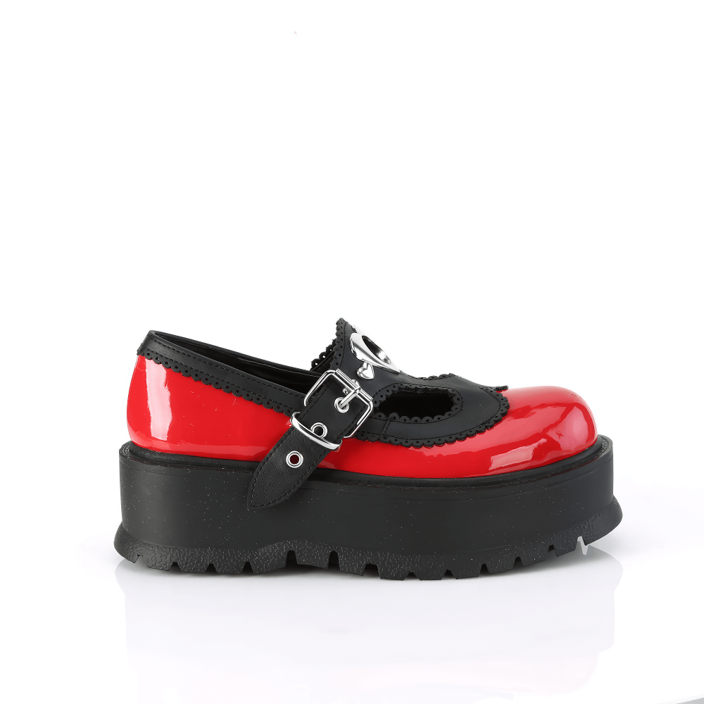 DEMONIA Red Studded Mary Jane Shoes with Heart Detail