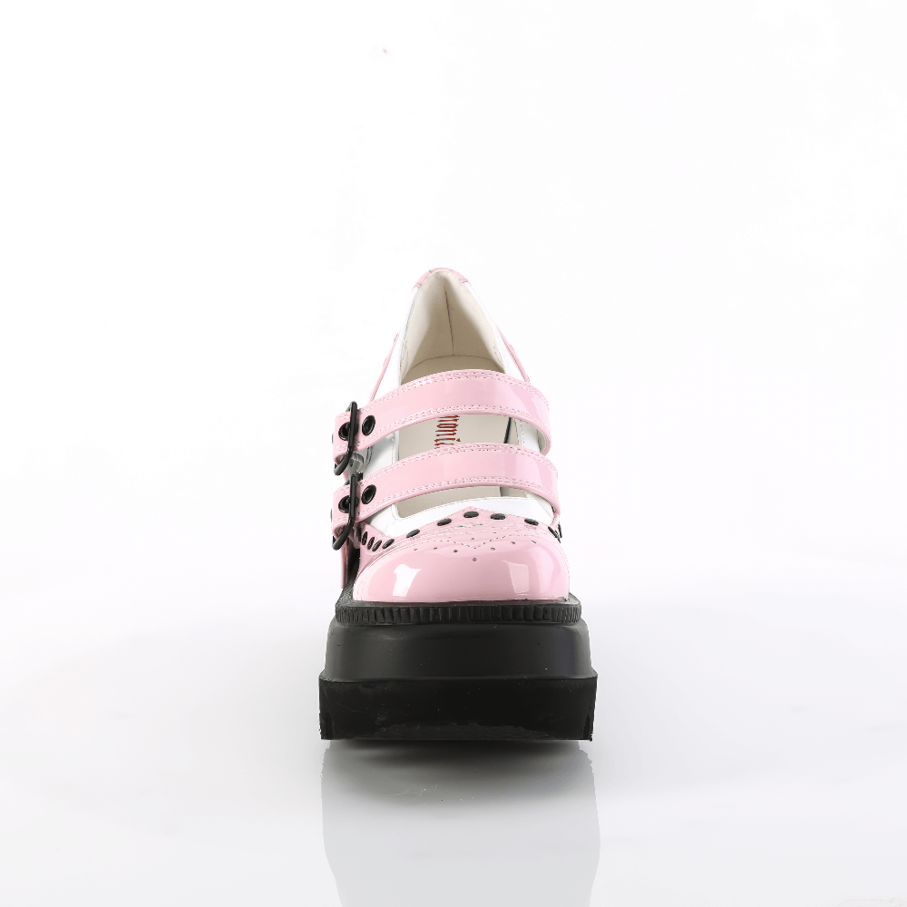 Demonia retro pink wingtip studded Lolita shoes with double straps and wedge platform.