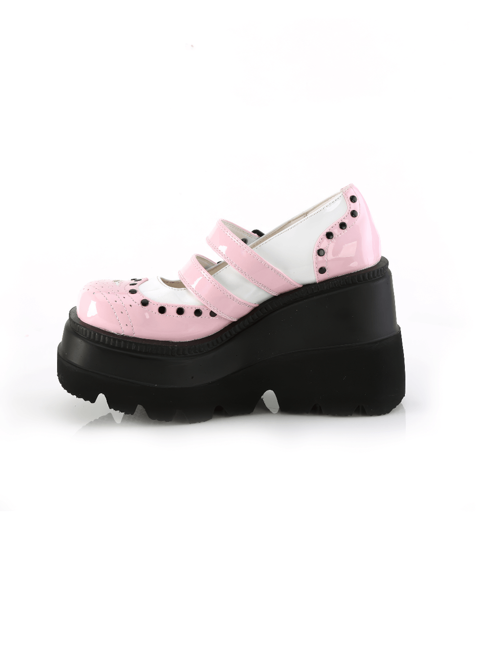 Demonia retro pink wingtip studded platform Lolita shoes, featuring a double strap and 4.5" wedge heel.