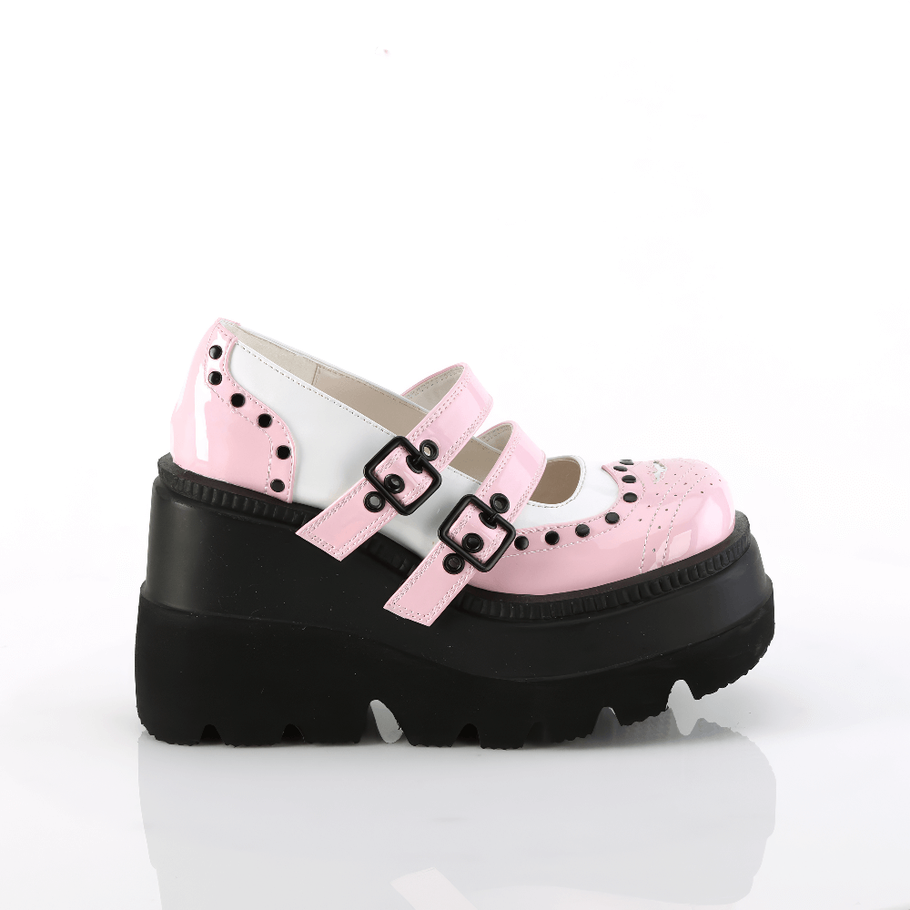 Demonia Retro Pink Wingtip Studded Platform Lolita Shoes showcasing pink and white double strap design.