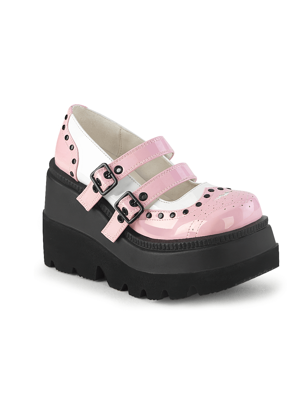 Demonia retro pink wingtip studded platform Lolita shoes with double strap and wedge heel.