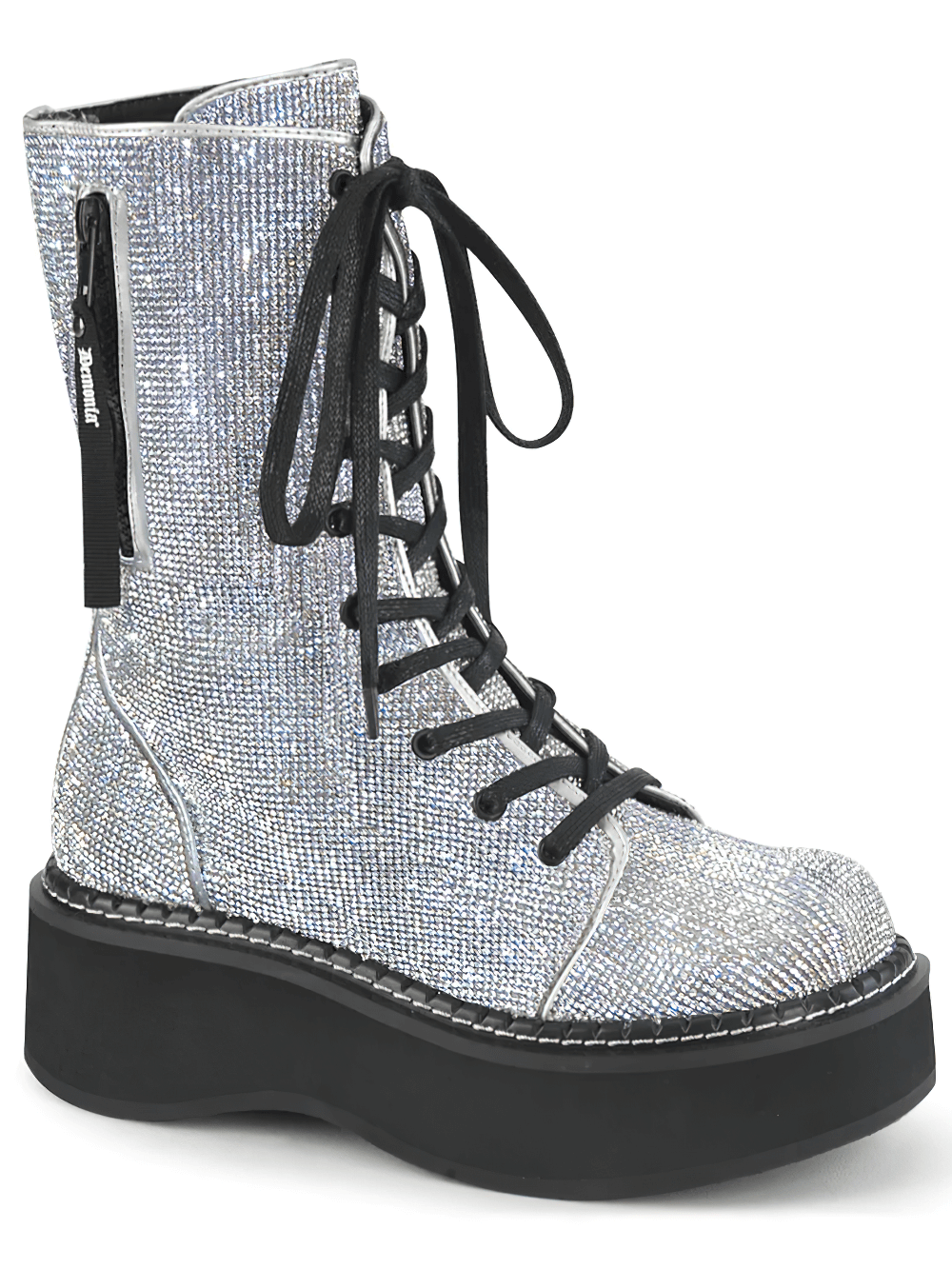Dazzling Demonia rhinestone lace-up platform boots with zipper, perfect for standout fashion.