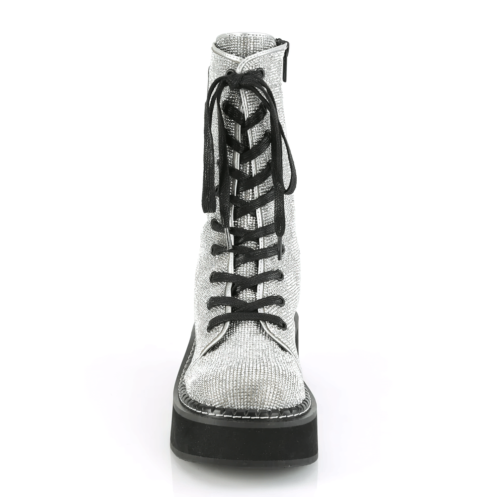 Dazzling DEMONIA rhinestone lace-up platform boots showcasing sparkling upper and sturdy design.