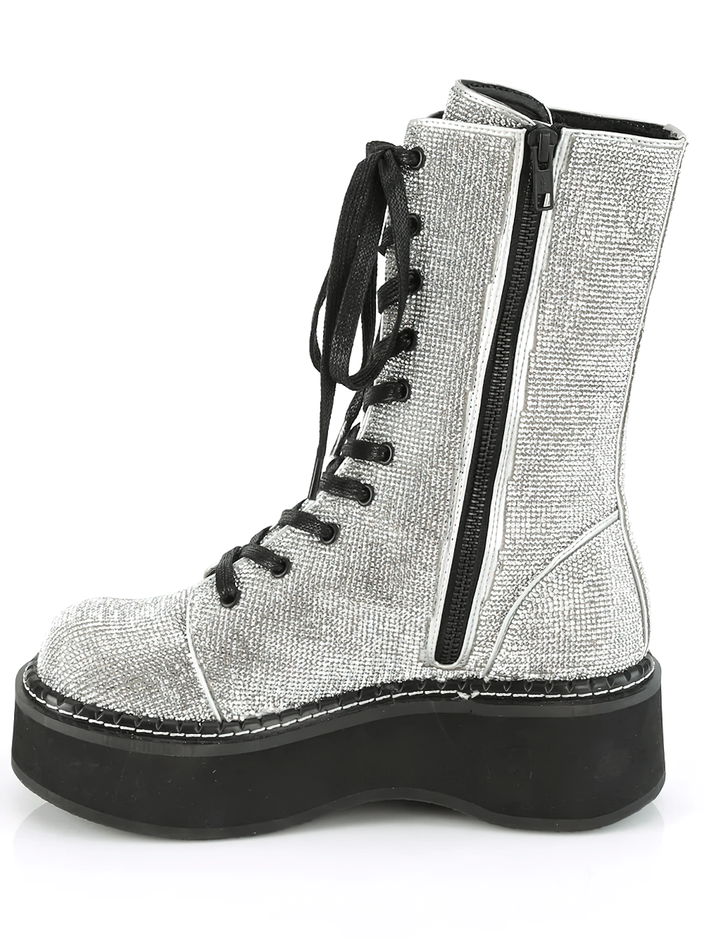 Dazzling mid-calf rhinestone platform boots with zipper pocket and stylish lace-up design.