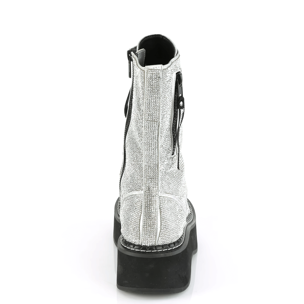 Back view of DEMONIA rhinestone platform boots featuring a zip closure and sparkling upper.