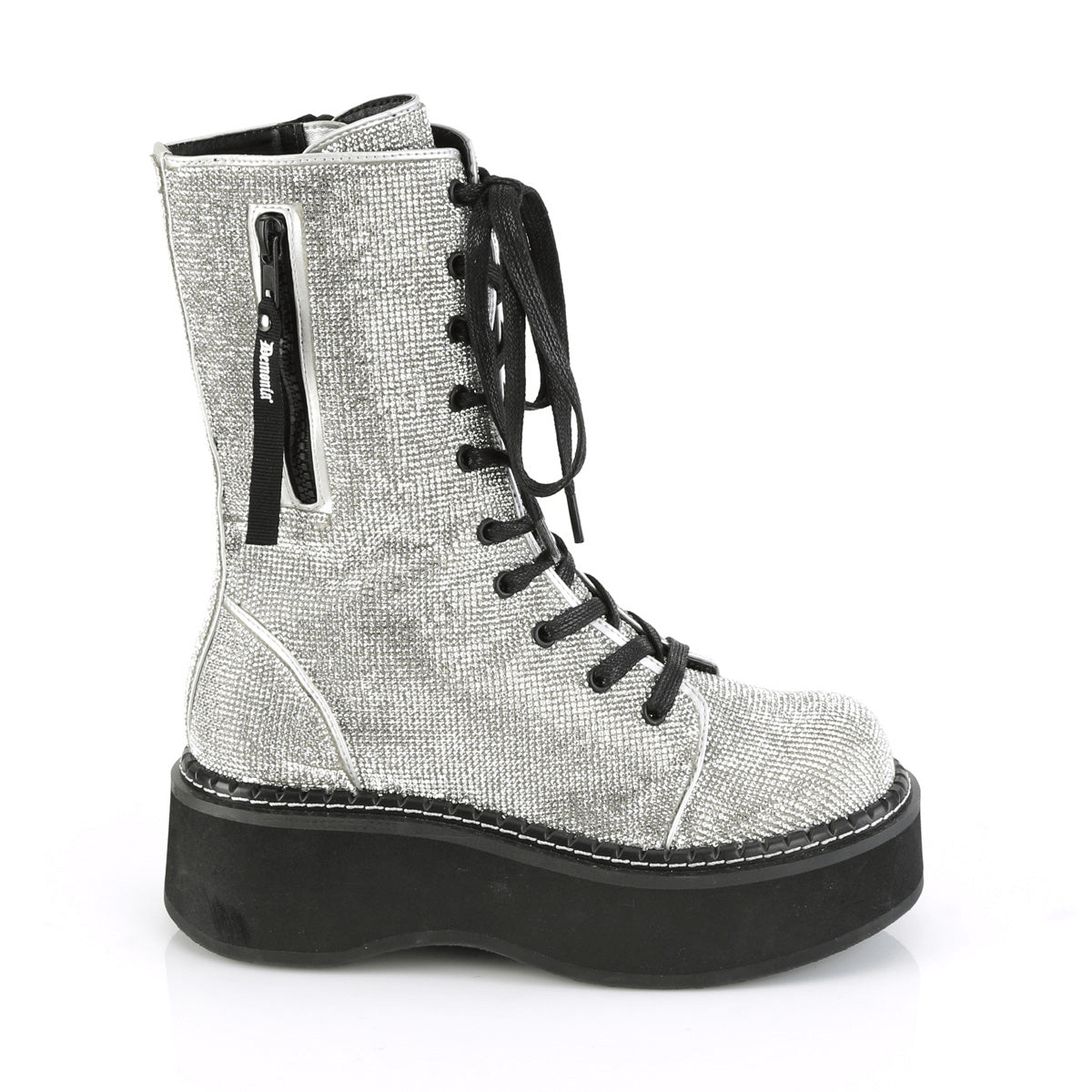 Dazzling Demonia rhinestone lace-up platform boots with zip pocket, perfect for stylish outfits.