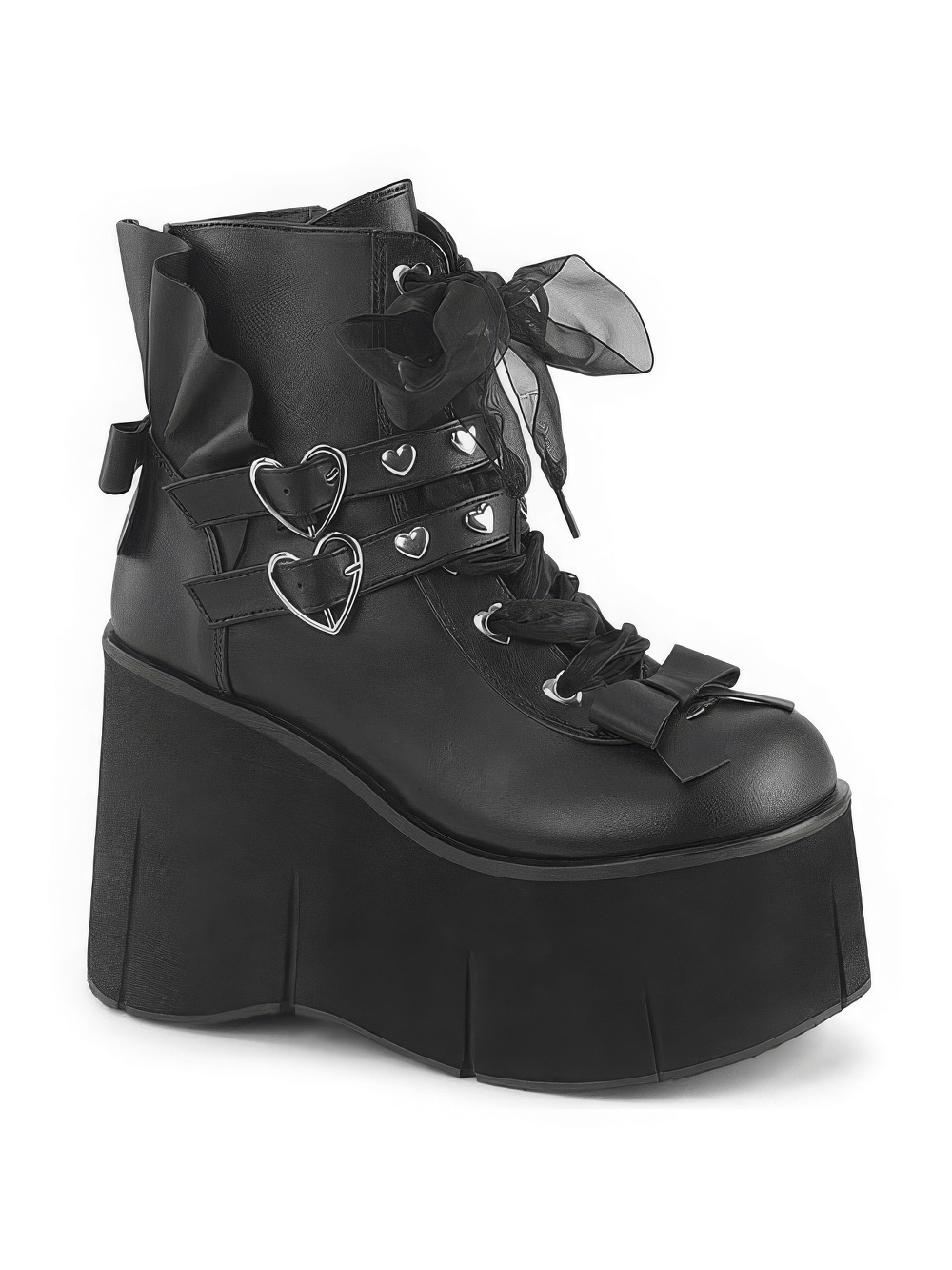 Gothic black platform ankle boots with heart buckles and ribbon laces, perfect for a romantic yet rebellious style.