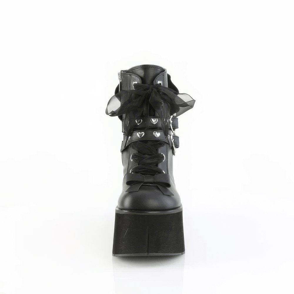 Demonia romantic goth black ankle boots with heart buckles and ribbon laces, 4.5 inch platform for dramatic style.
