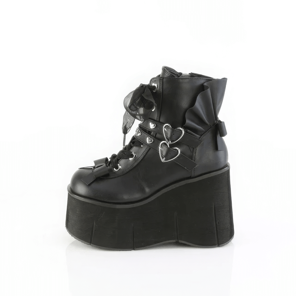 DEMONIA Ribbon Lace-Up Ankle Boots with Heart Buckles