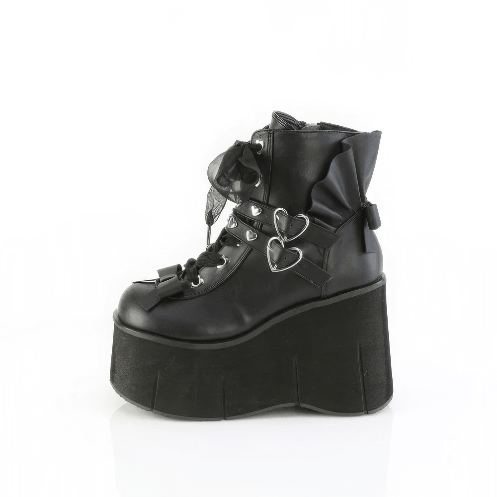 Demonia Ribbon Lace-Up Ankle Boots with platform, hearts, and ruffles for a gothic and romantic style.