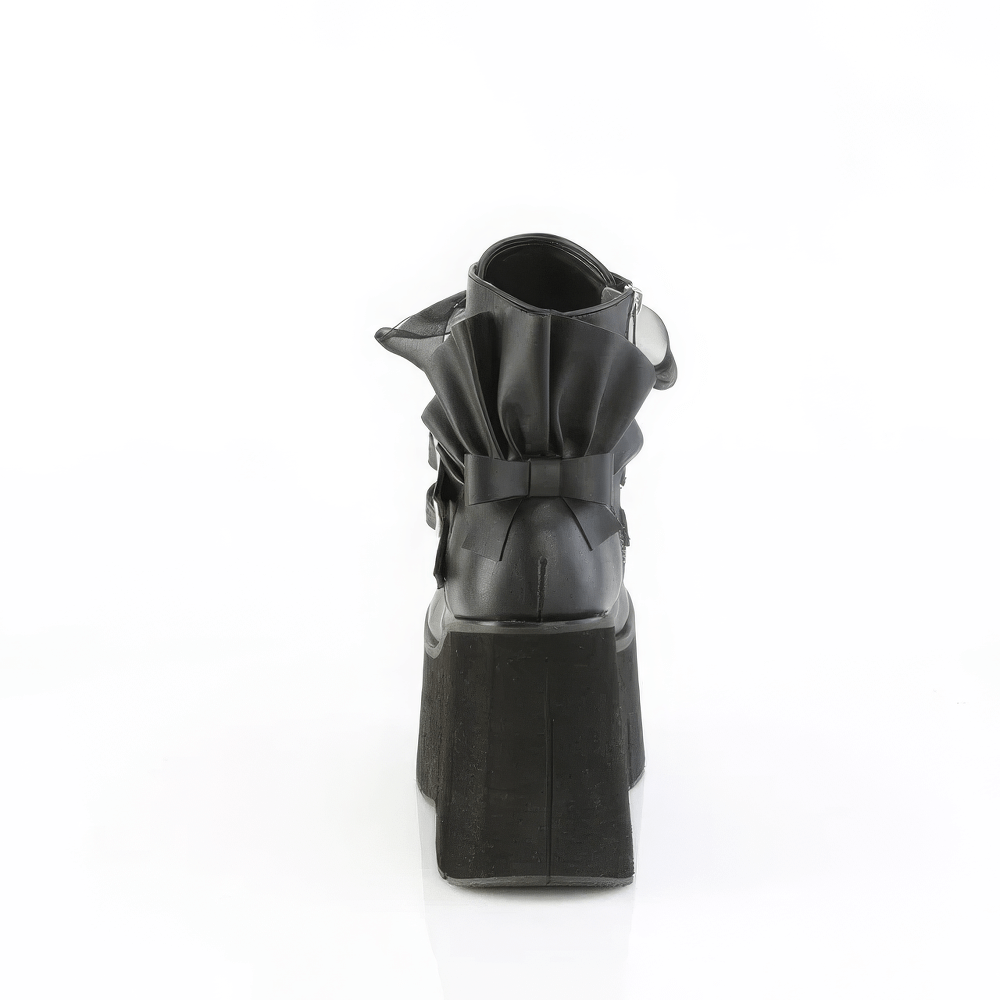 Demonia black gothic ankle boots with ruffled details and platform heel, viewed from the back.
