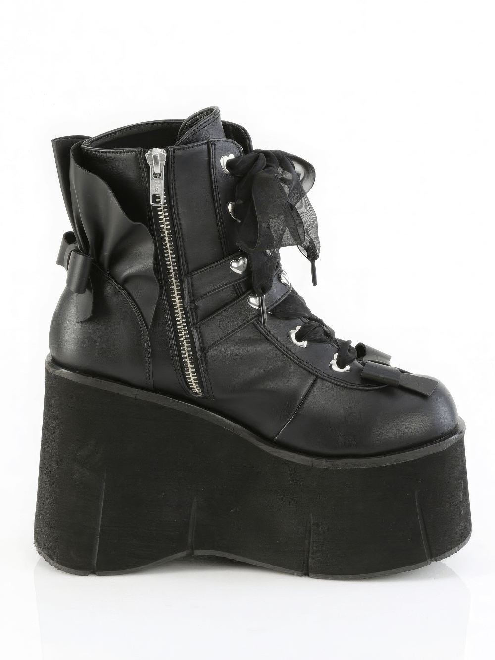 Demonia romantic goth ankle boots with heart buckles, black platform, ribbon laces, side zip, and ruffle details.
