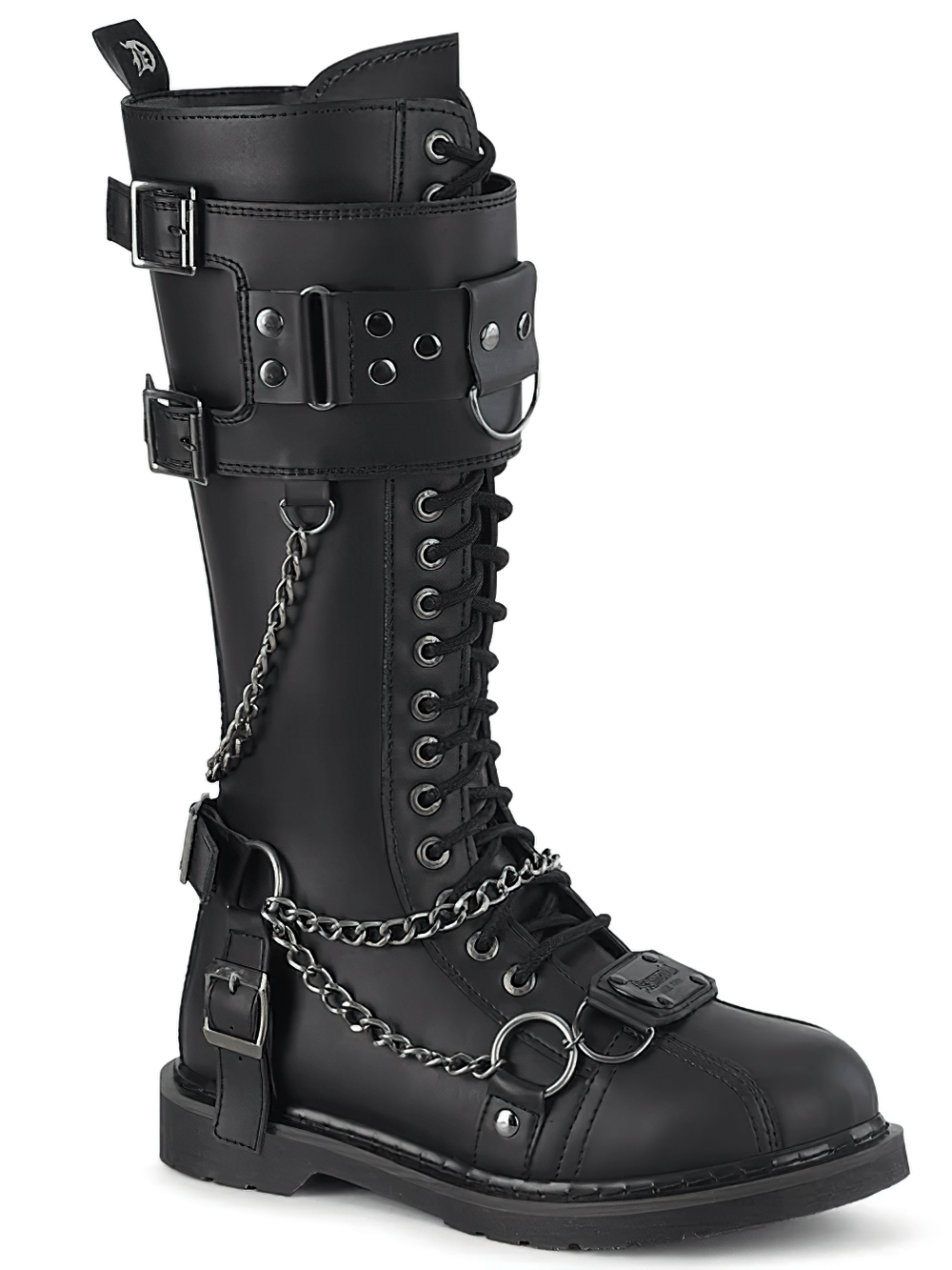 Demonia punk knee-high boots with chain details and buckles in black vegan leather, showcasing urban edgy style.