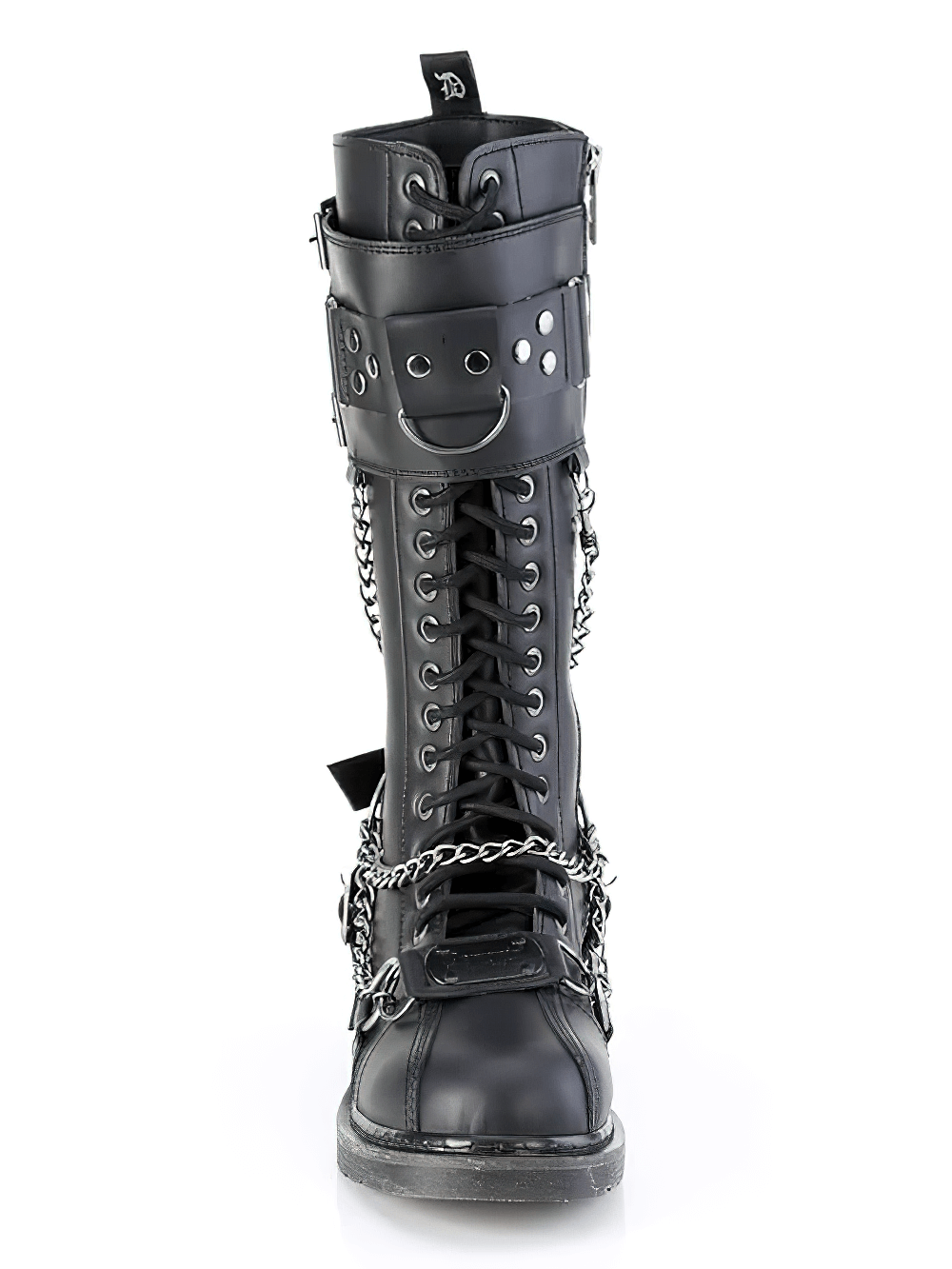 Demonia rock style knee-high combat boots with chains and edgy details in black vegan leather.