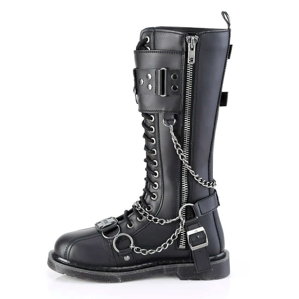 Demonia punk knee-high boots in black vegan leather with edgy chains, buckles, and zipper details for urban chic style.